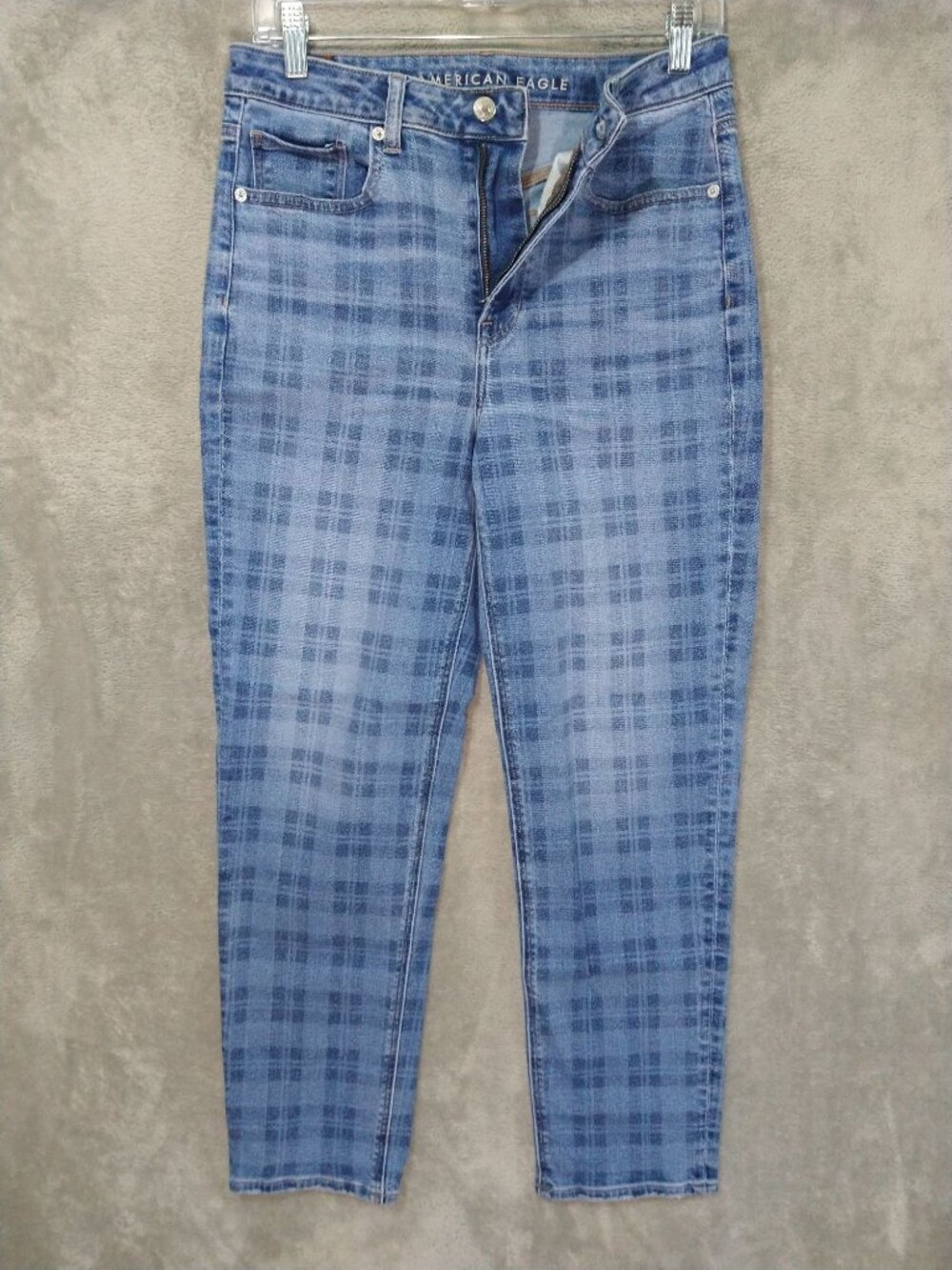 American Eagle Jeans Women 6 Blue Denim Plaid Mom Straight Stretch High Rise